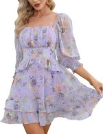 EXLURA Womens Floral Ruffle Summer Dress Sundress Tiered Square Neck Long Sleeve Off Shoulder Smocked Skater Mini Dress
